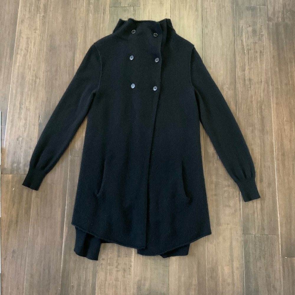 360 Cashmere Black Mock Neck Long Line Chunky Cardigan Sweater Size Medium